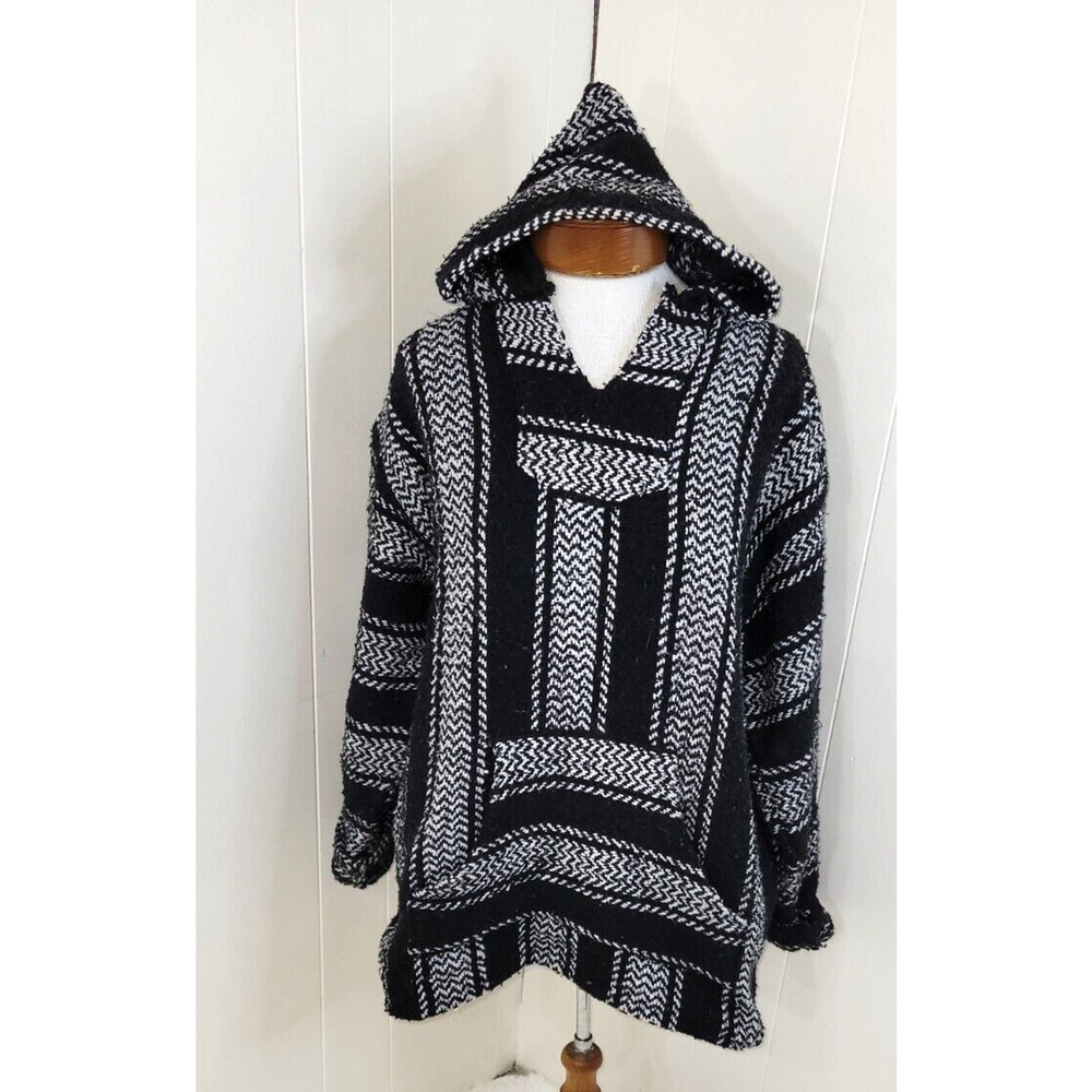 Baja Joe Unisex Medium Black White Hooded Baja Hoodie Mexican Poncho Sweatshirt